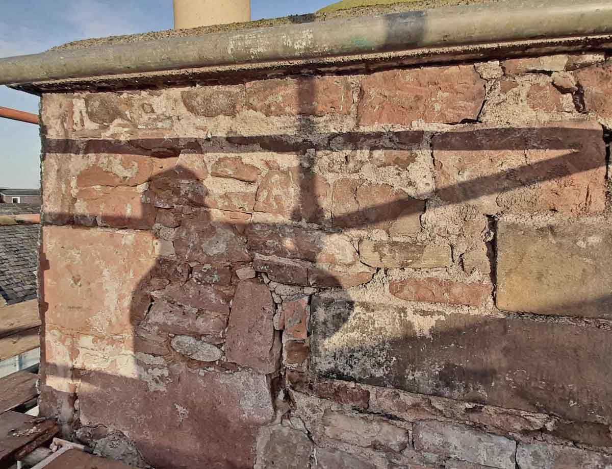 Removing cement harling from chimney MAAC Studio conservation architect
